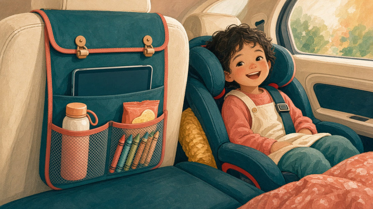 Backseat organizer with snacks and crayons
