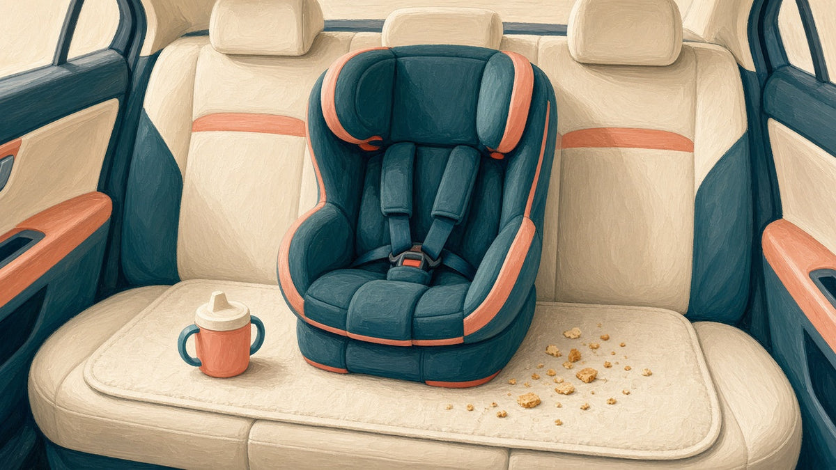 Child car seat on a padded seat protector mat catching crumbs