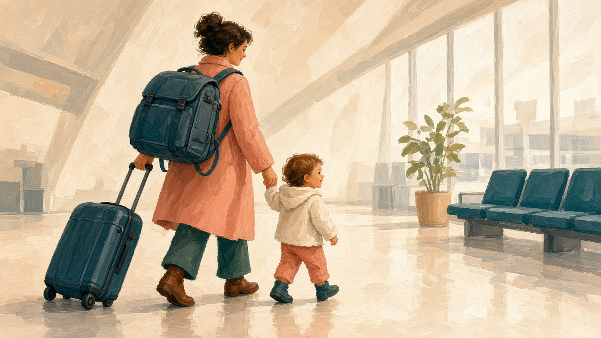 Parent carrying a padded car seat travel bag through an airport with a toddler