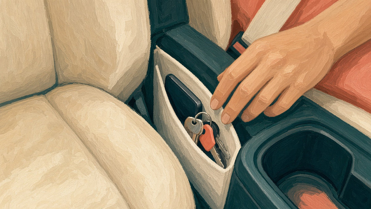 Car seat gap filler holding phone and keys