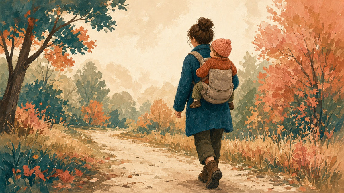 Parent carrying a toddler in a back carrier on an autumn trail
