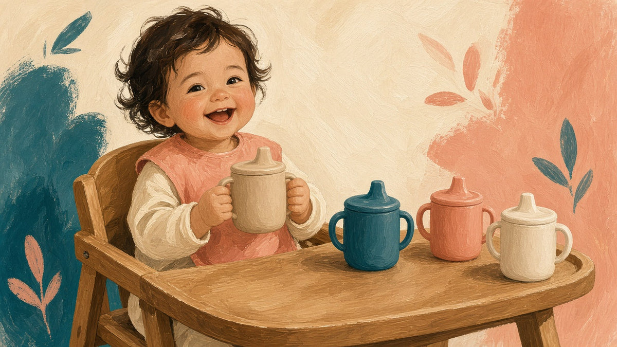 Toddler in a high chair holding a straw cup