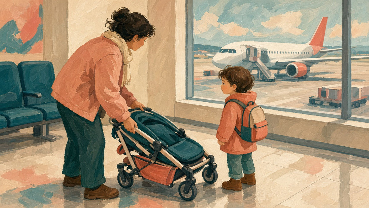Parent folding a travel stroller at an airport gate