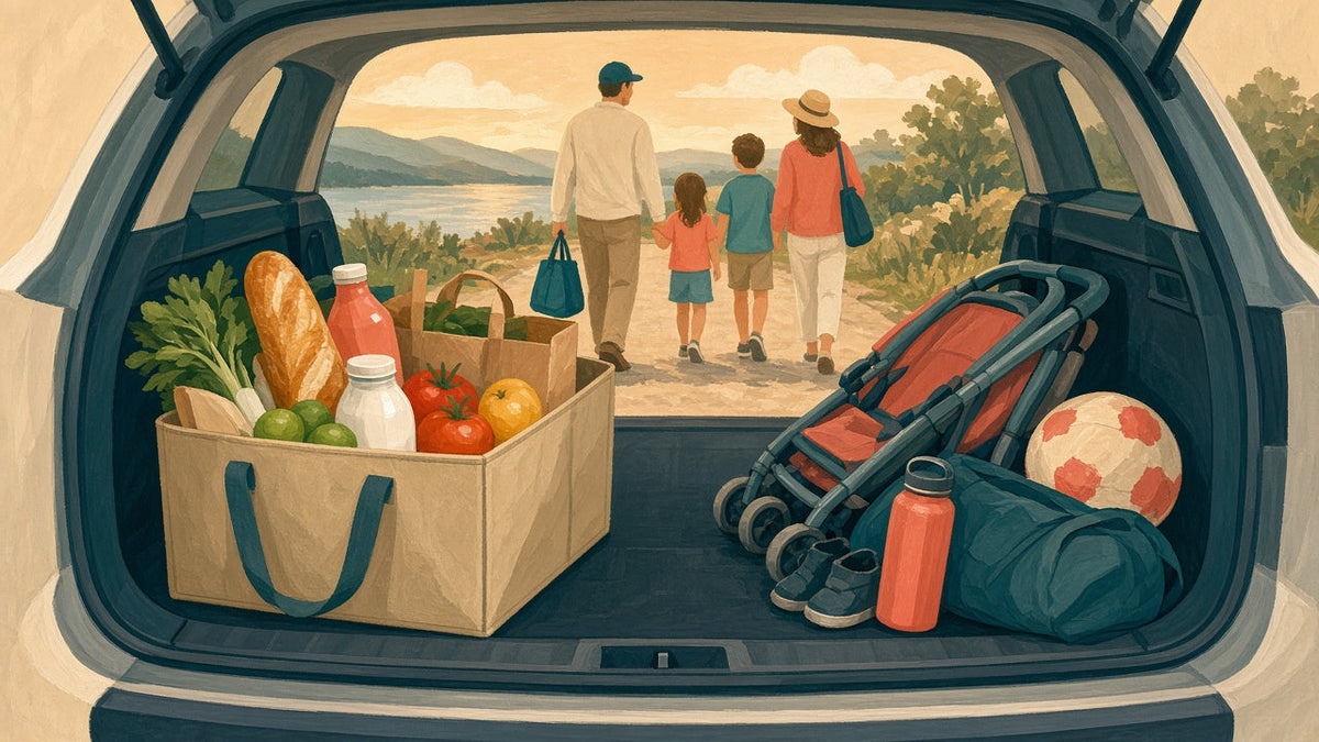 Organized SUV trunk with stroller and groceries
