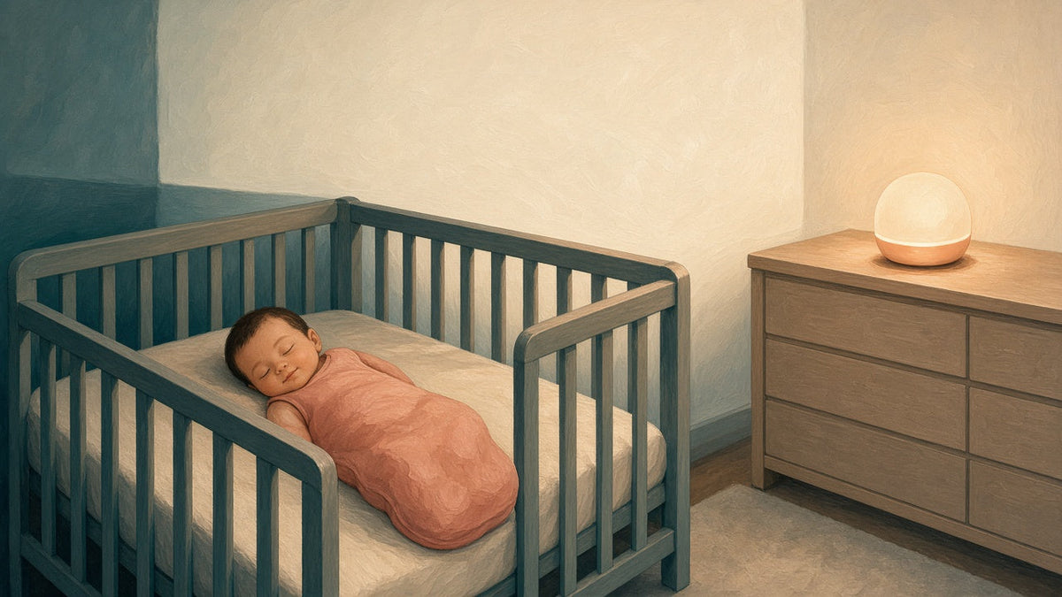 Baby asleep in a bare crib with a sound machine glowing across the room